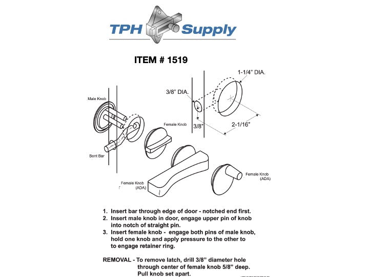 Chrome Plated, Concealed Toilet Latch Assembly With Round Bar - 1519